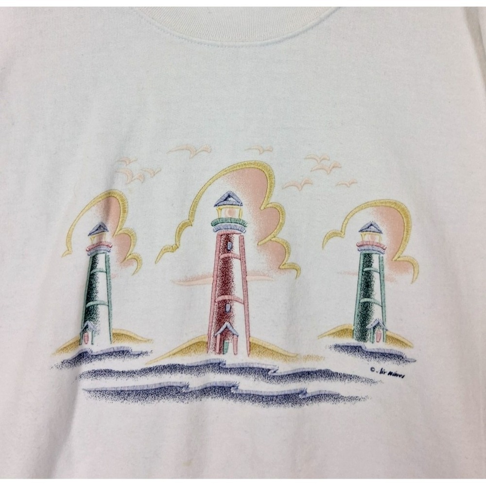 VTG Gildan Womens Sweatshirt XL White Light House Graphic Crew Coastal Souvenier